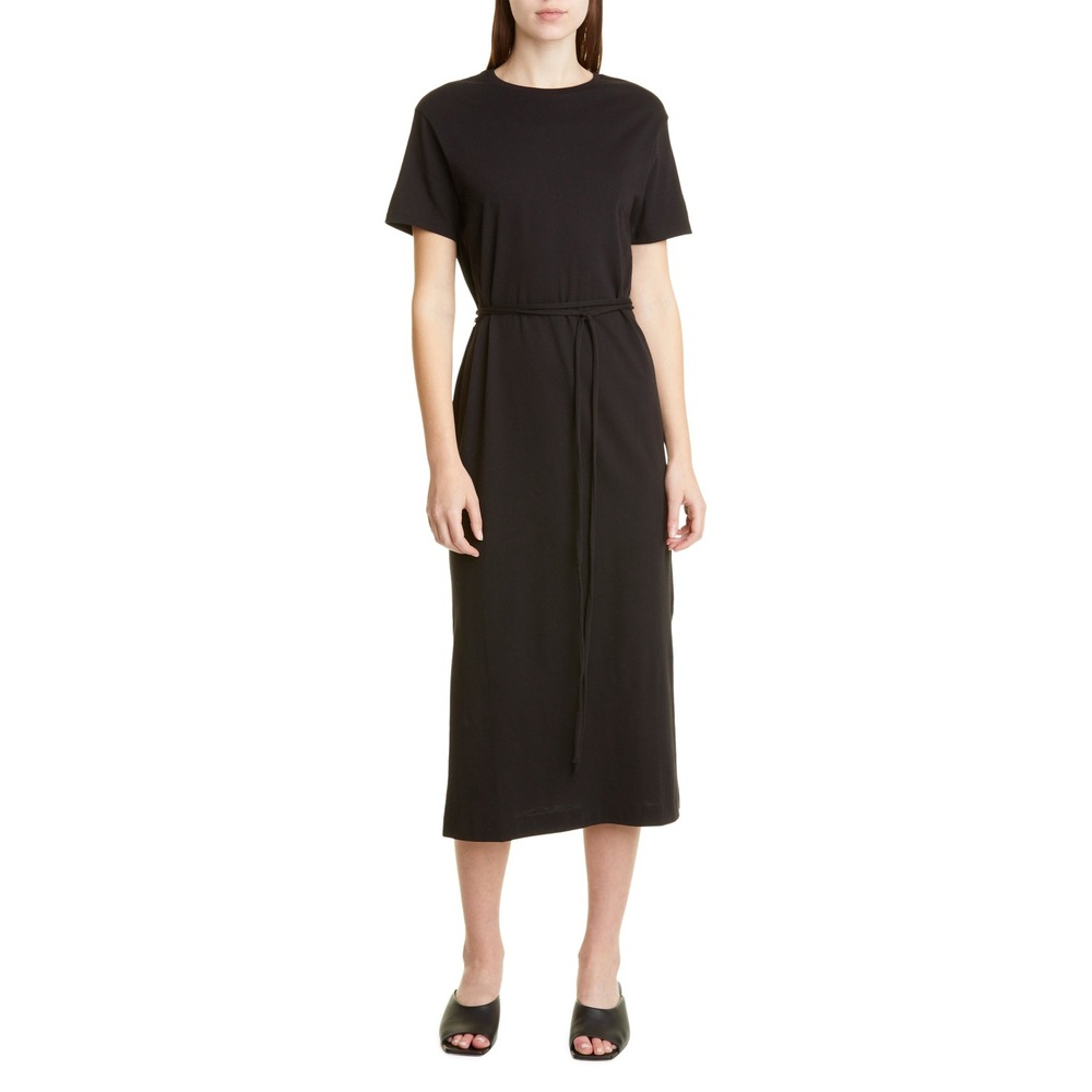 Vince Womens Belted Pima Cotton Midi Dress Black Size Medium Side Slits Office